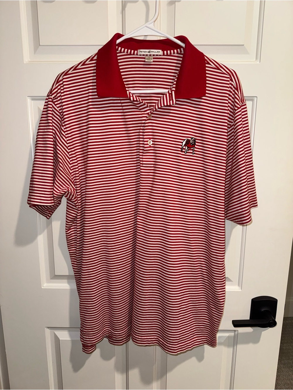 Peter Millar Red and White Striped Polo with Embroidered Bulldog Georgia Dawgs